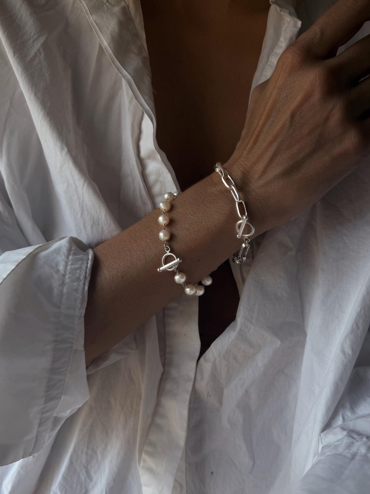 Silver bracelets and necklace with pearls : solid paperclip link chain and rosary - KathyRossJewelry