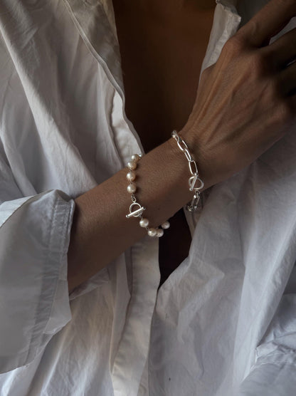 Silver bracelets and necklace with pearls : solid paperclip link chain and rosary - KathyRossJewelry