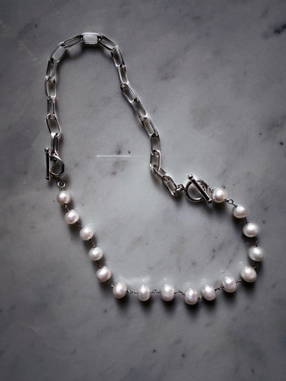 Silver necklace and bracelets with pearls : solid paperclip chain and rosary - KathyRossJewelry