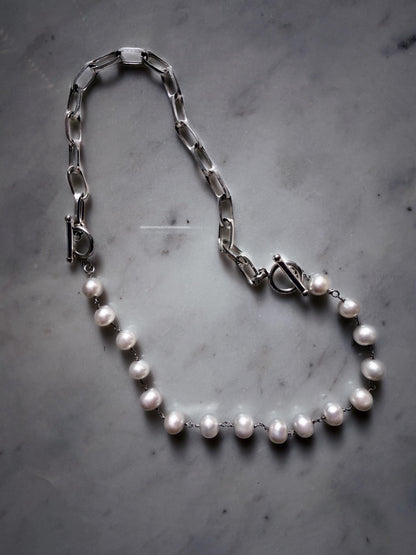 Pearl necklace with silver chain t bar clasps - KathyRossJewelry