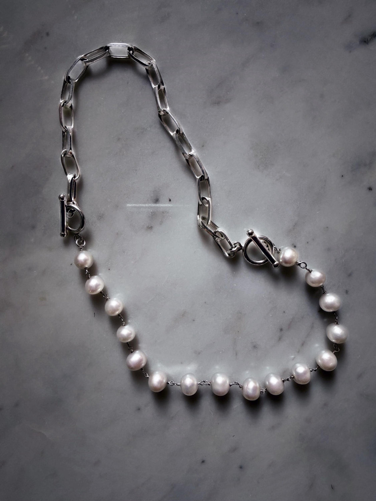 Silver bracelets and necklace with pearls : solid paperclip link chain and rosary - KathyRossJewelry