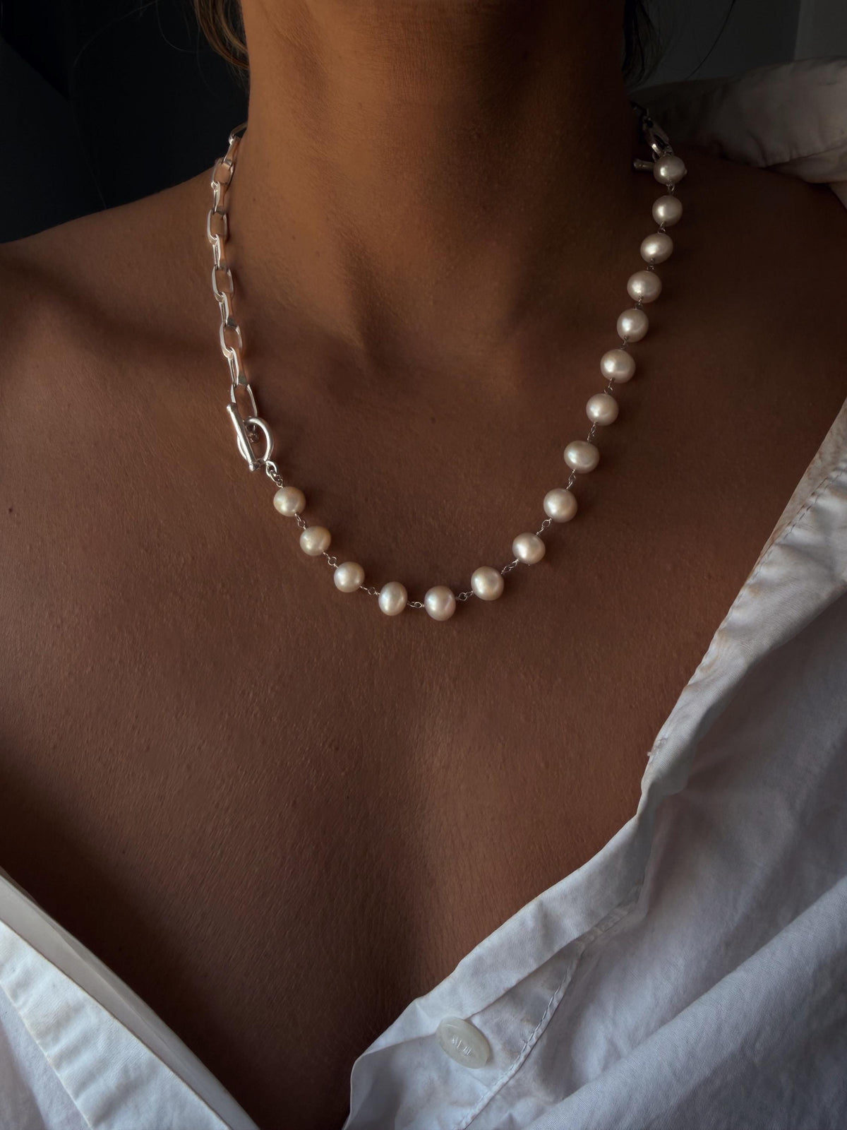 Pearl necklace with silver chain t bar clasps - KathyRossJewelry