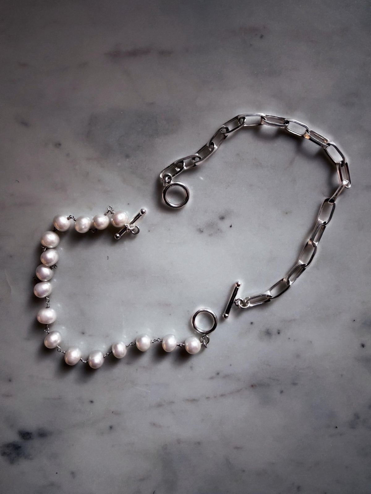 Silver necklace and bracelets with pearls : solid paperclip chain and rosary - KathyRossJewelry