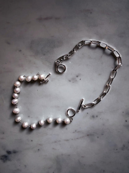 Silver bracelets and necklace with pearls : solid paperclip link chain and rosary - KathyRossJewelry