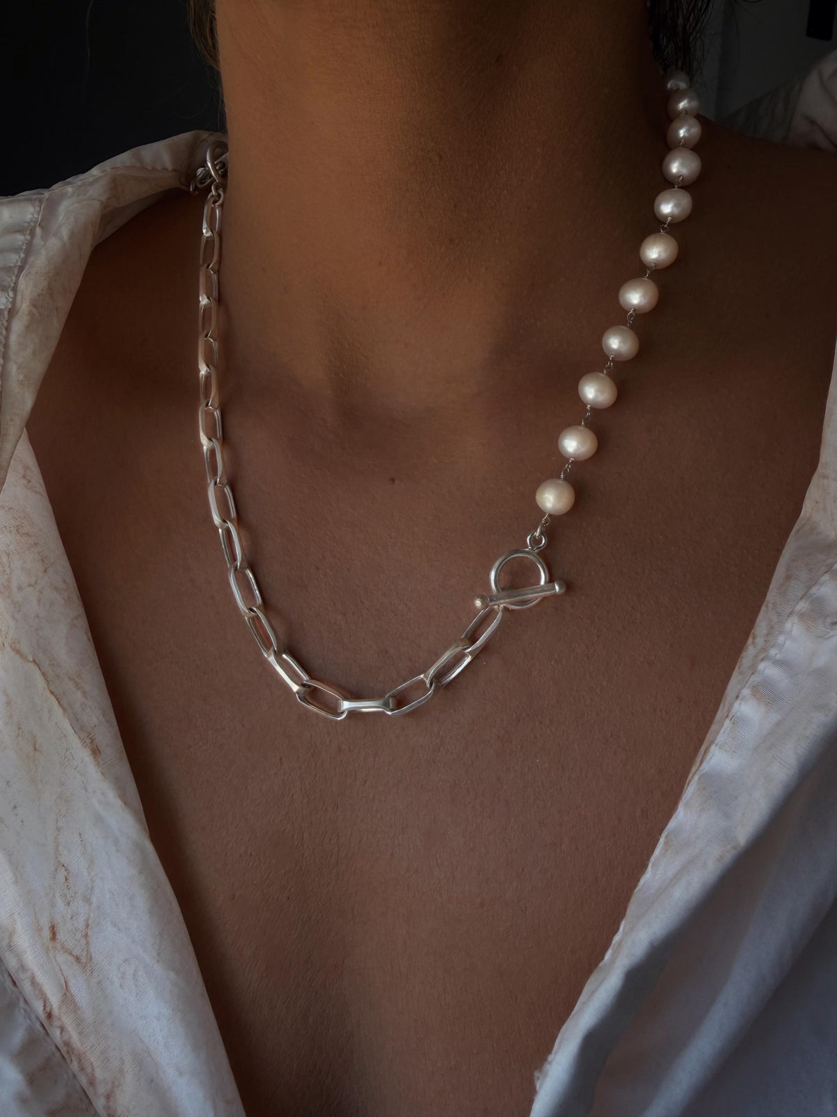 Silver necklace and bracelets with pearls : solid paperclip chain and rosary - KathyRossJewelry