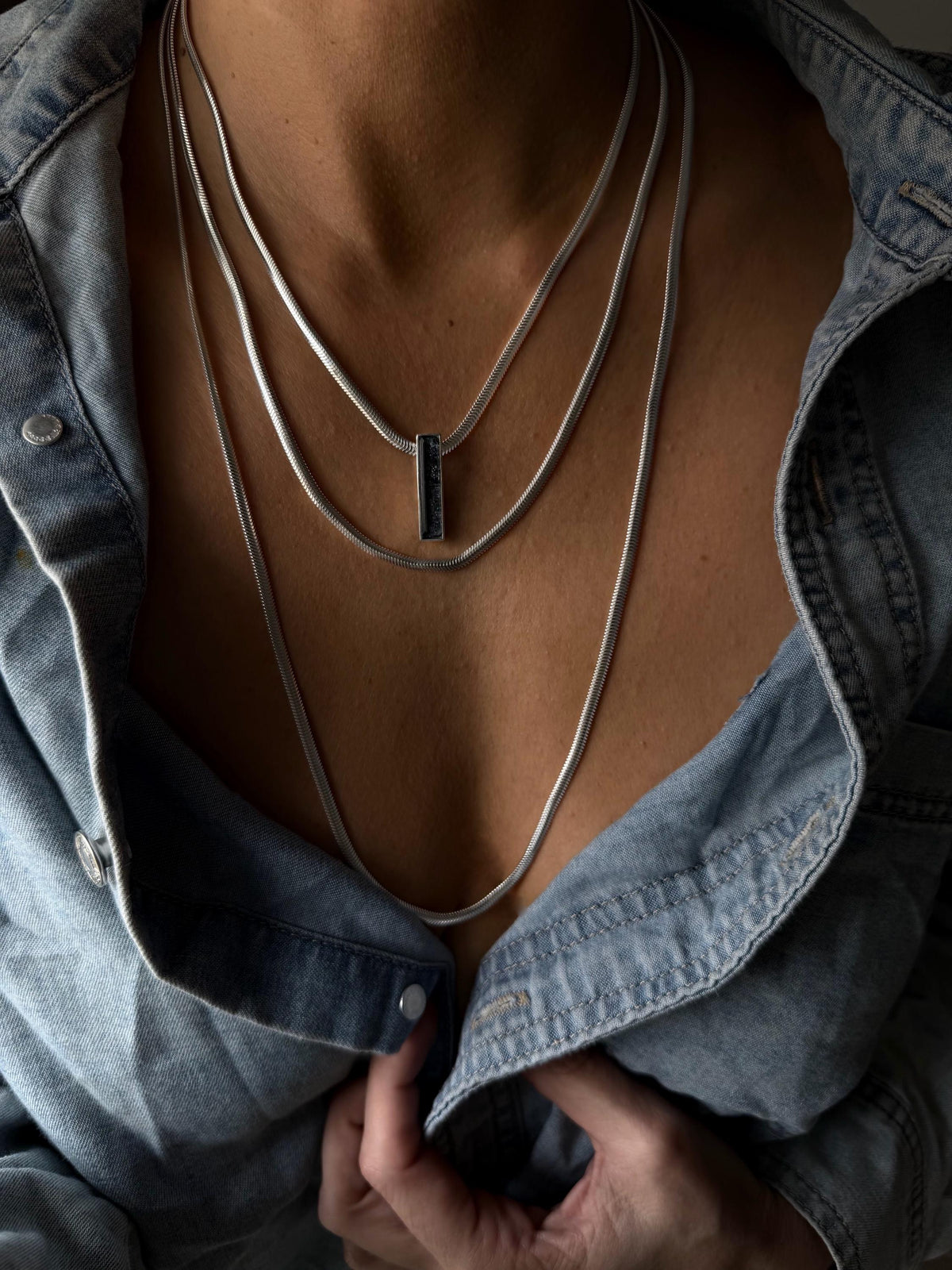 Silver Multi-Chain Necklace: Bar Pendant, Snake Chain, Precious gemstone - KathyRossJewelry