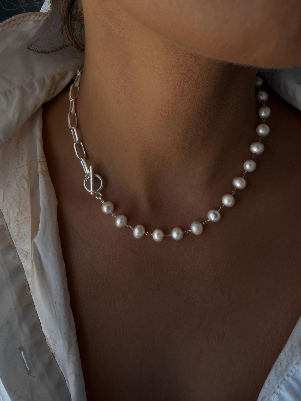Silver necklace and bracelets with pearls : solid paperclip chain and rosary - KathyRossJewelry