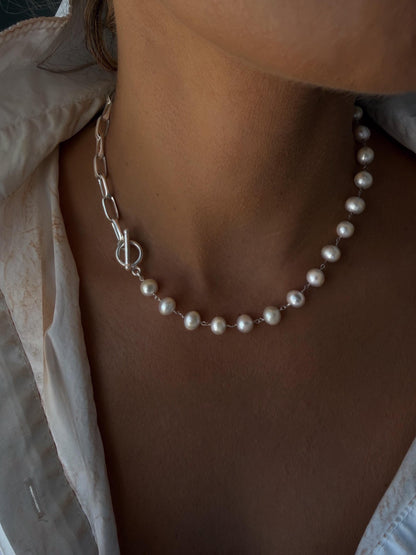 Pearl necklace with silver chain t bar clasps - KathyRossJewelry
