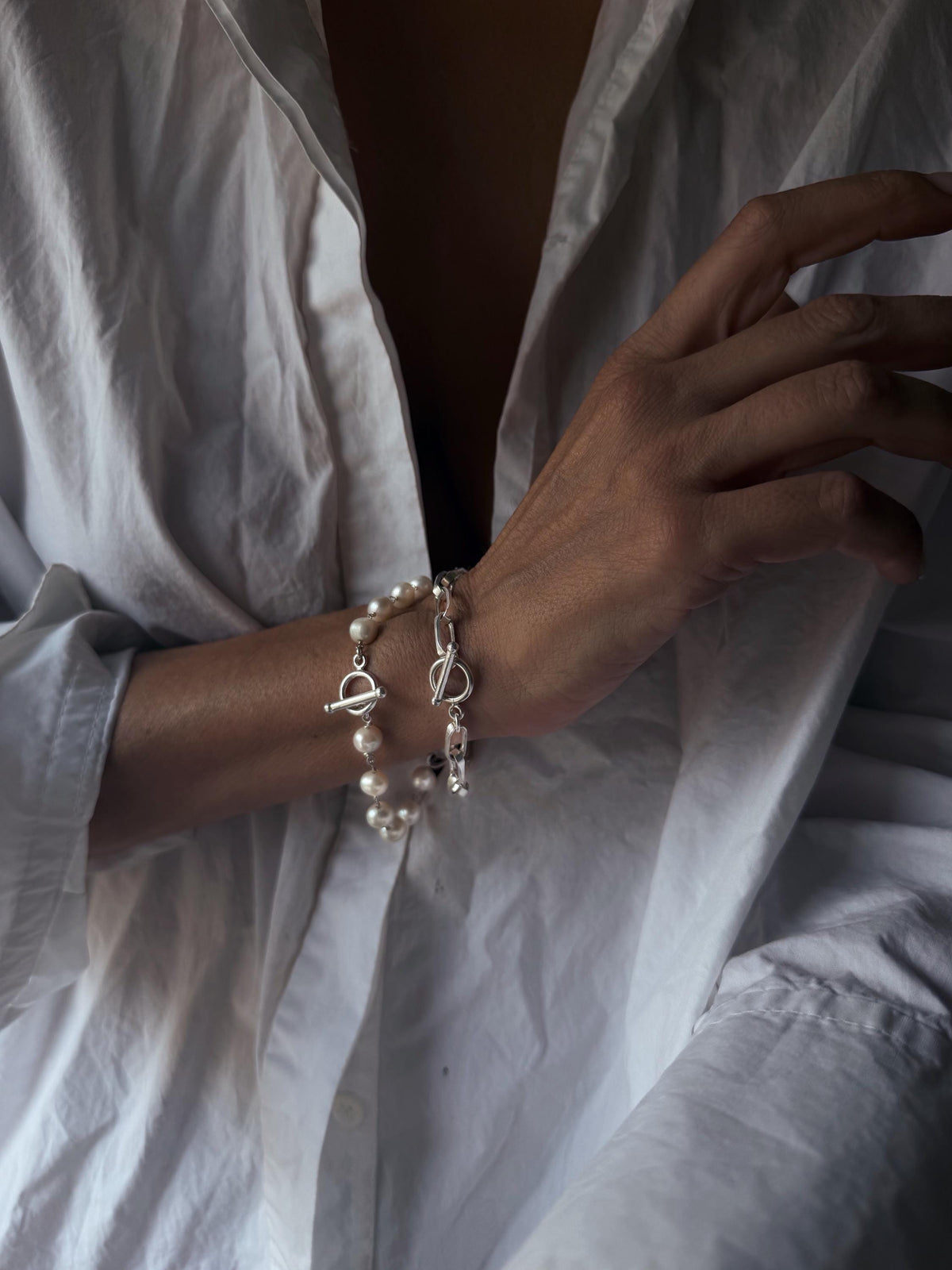 Silver necklace and bracelets with pearls : solid paperclip chain and rosary - KathyRossJewelry