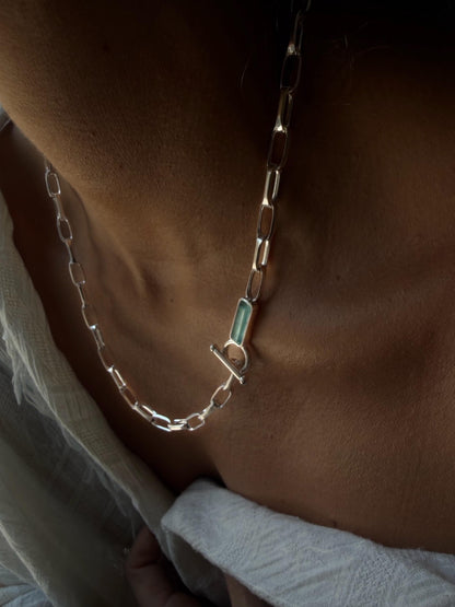 silver link chain necklace with aquamarine