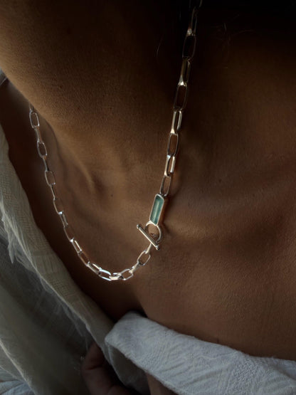 Sterling Silver 925 necklace with aquamarine : T-Bar clasp paperclip Chain - KathyRossJewelry