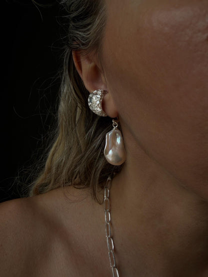 Handmade textured silver 925 ear cuff with dangling natural baroque pearl - KathyRossJewelry