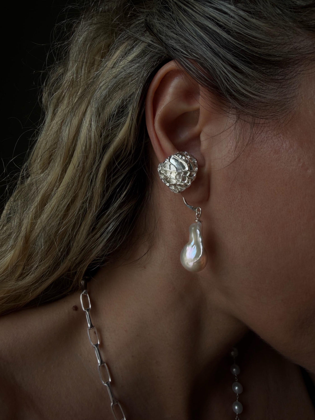 Handmade textured silver 925 ear cuff with dangling natural baroque pearl - KathyRossJewelry