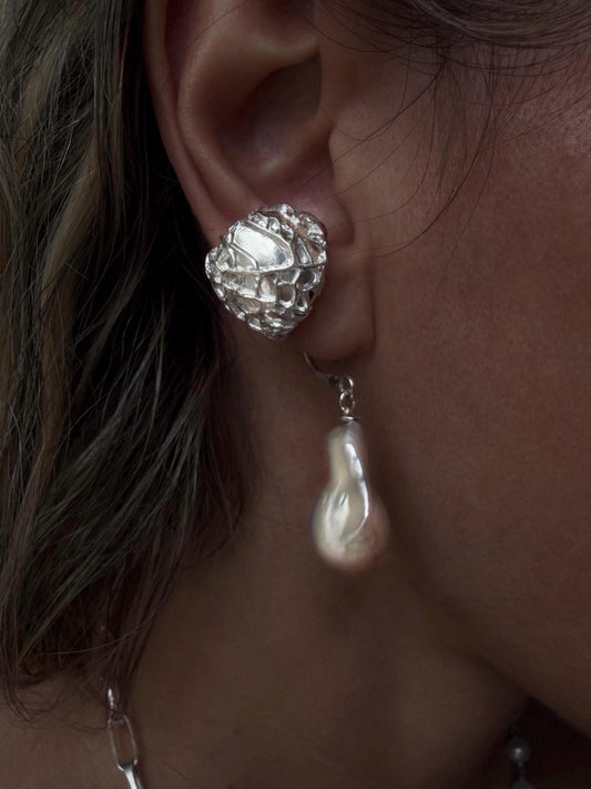 Handmade textured silver 925 ear cuff with dangling natural baroque pearl - KathyRossJewelry