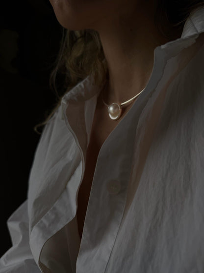 Natural Mabe white pearl and sterling silver collar necklace omega flexible chain - KathyRossJewelry