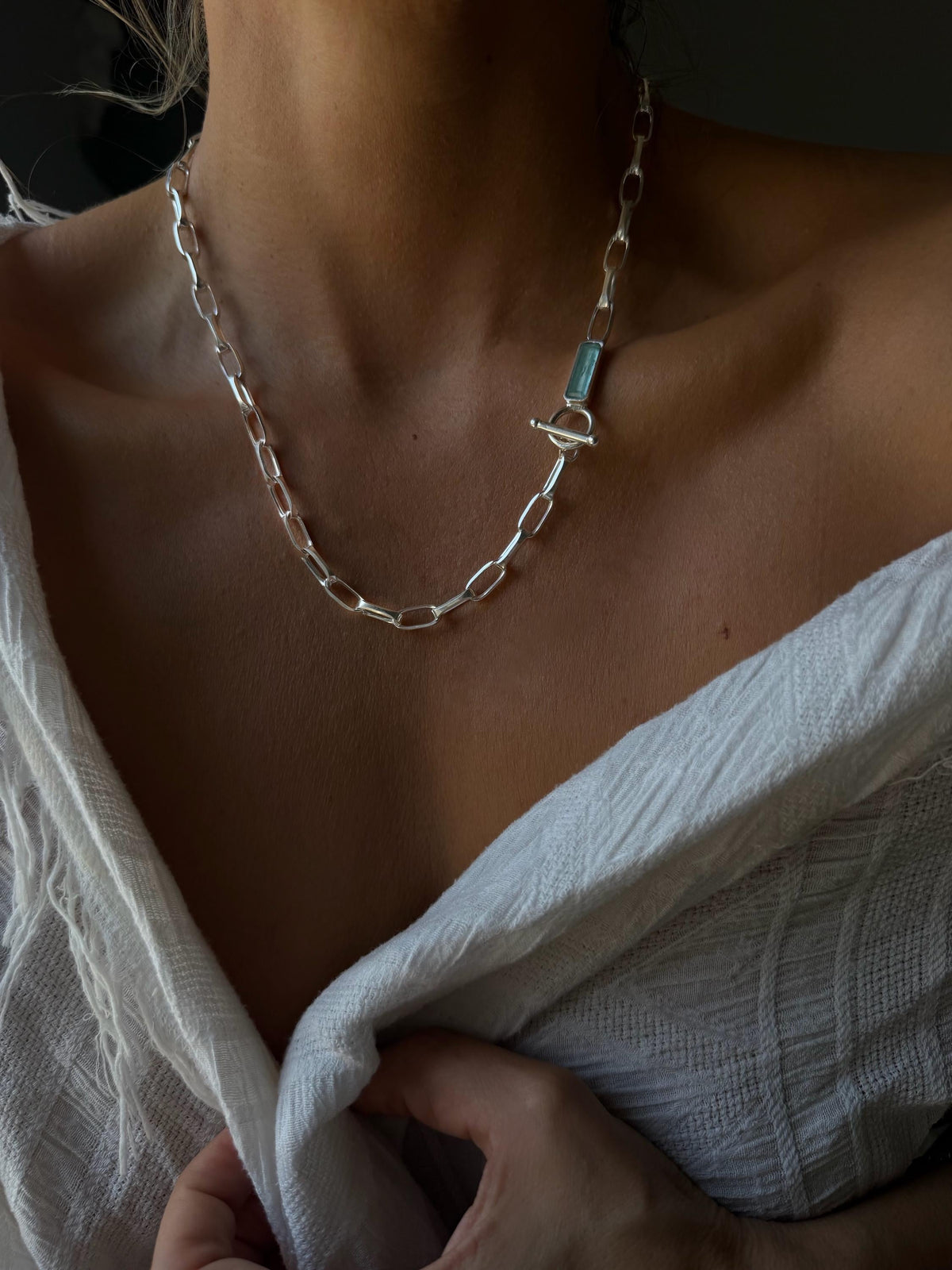 Sterling Silver 925 necklace with aquamarine : T-Bar clasp paperclip Chain - KathyRossJewelry