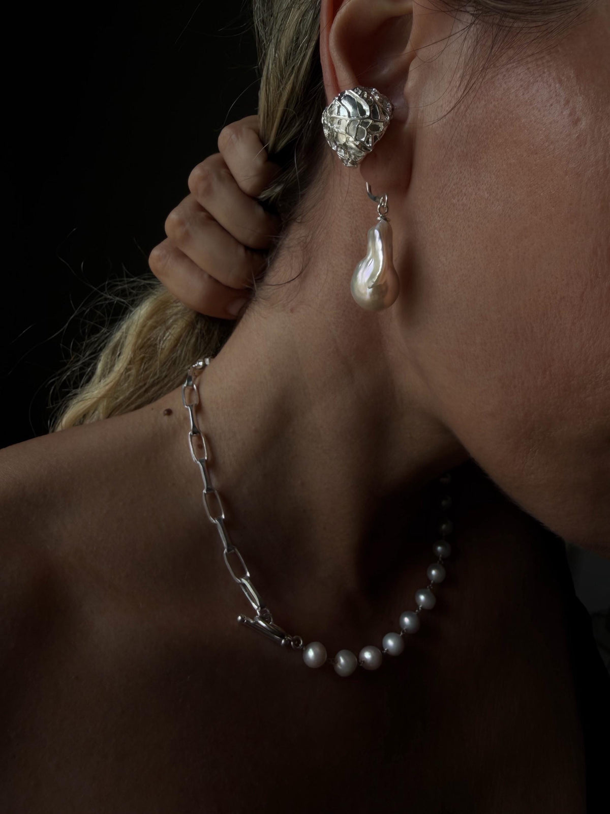 Handmade textured silver 925 ear cuff with dangling natural baroque pearl - KathyRossJewelry