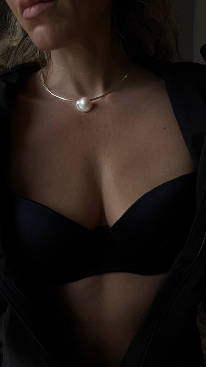 Natural Mabe white pearl and sterling silver collar necklace omega flexible chain - KathyRossJewelry