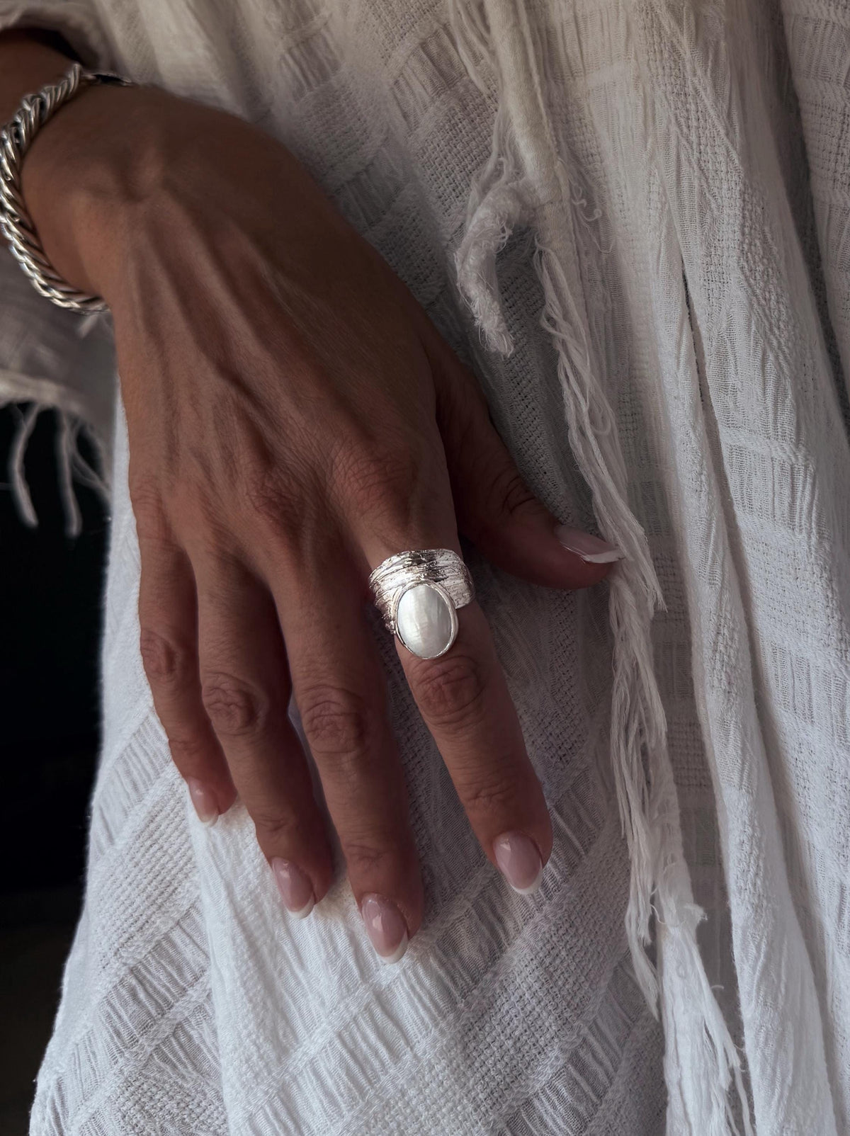 Silver band ring with oval white Mabe Pearl Ring - KathyRossJewelry