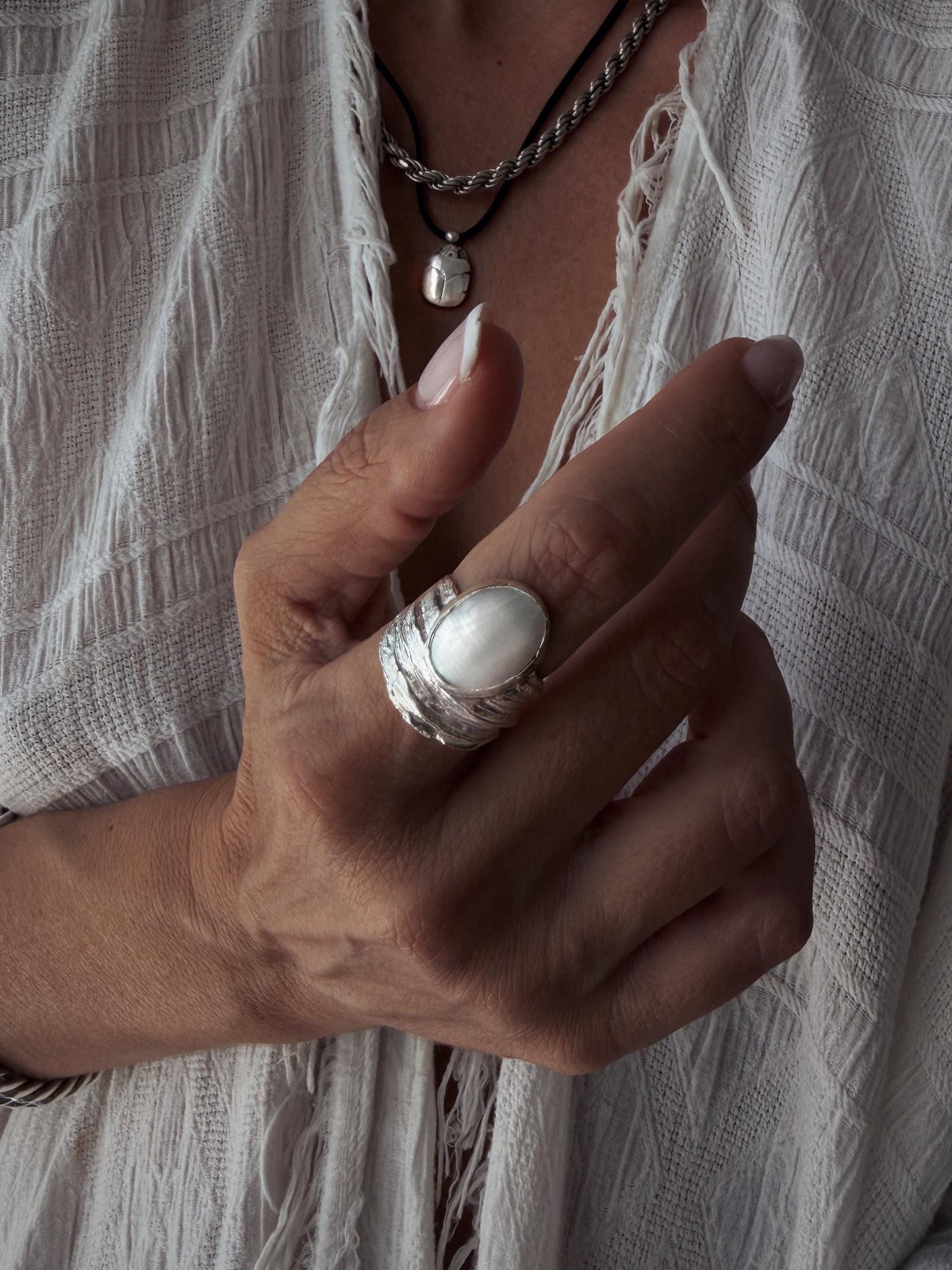 Silver band ring with oval white Mabe Pearl Ring - KathyRossJewelry