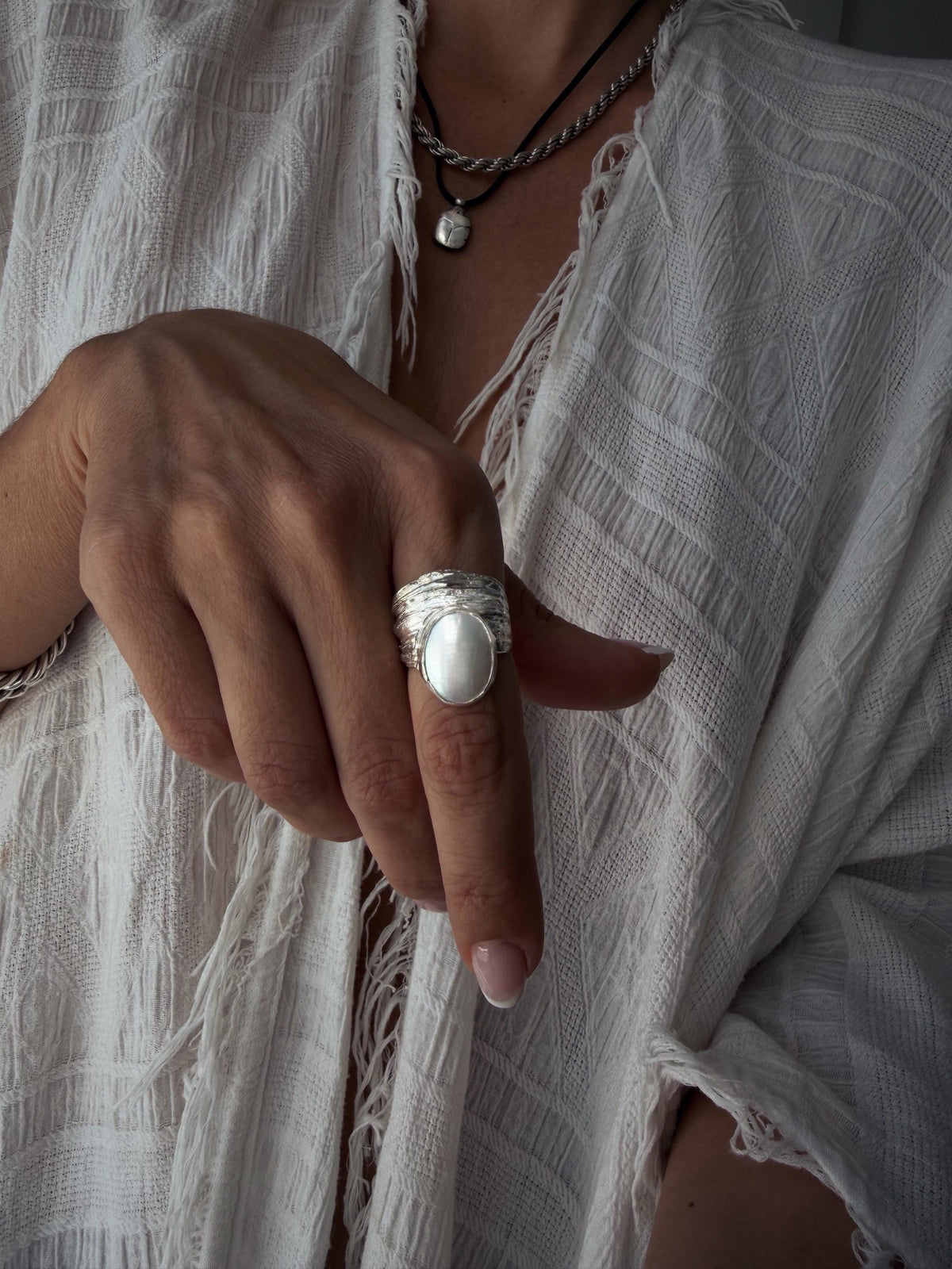 Silver band ring with oval white Mabe Pearl Ring - KathyRossJewelry