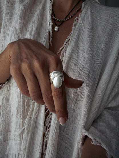 Silver band ring with oval white Mabe Pearl Ring - KathyRossJewelry