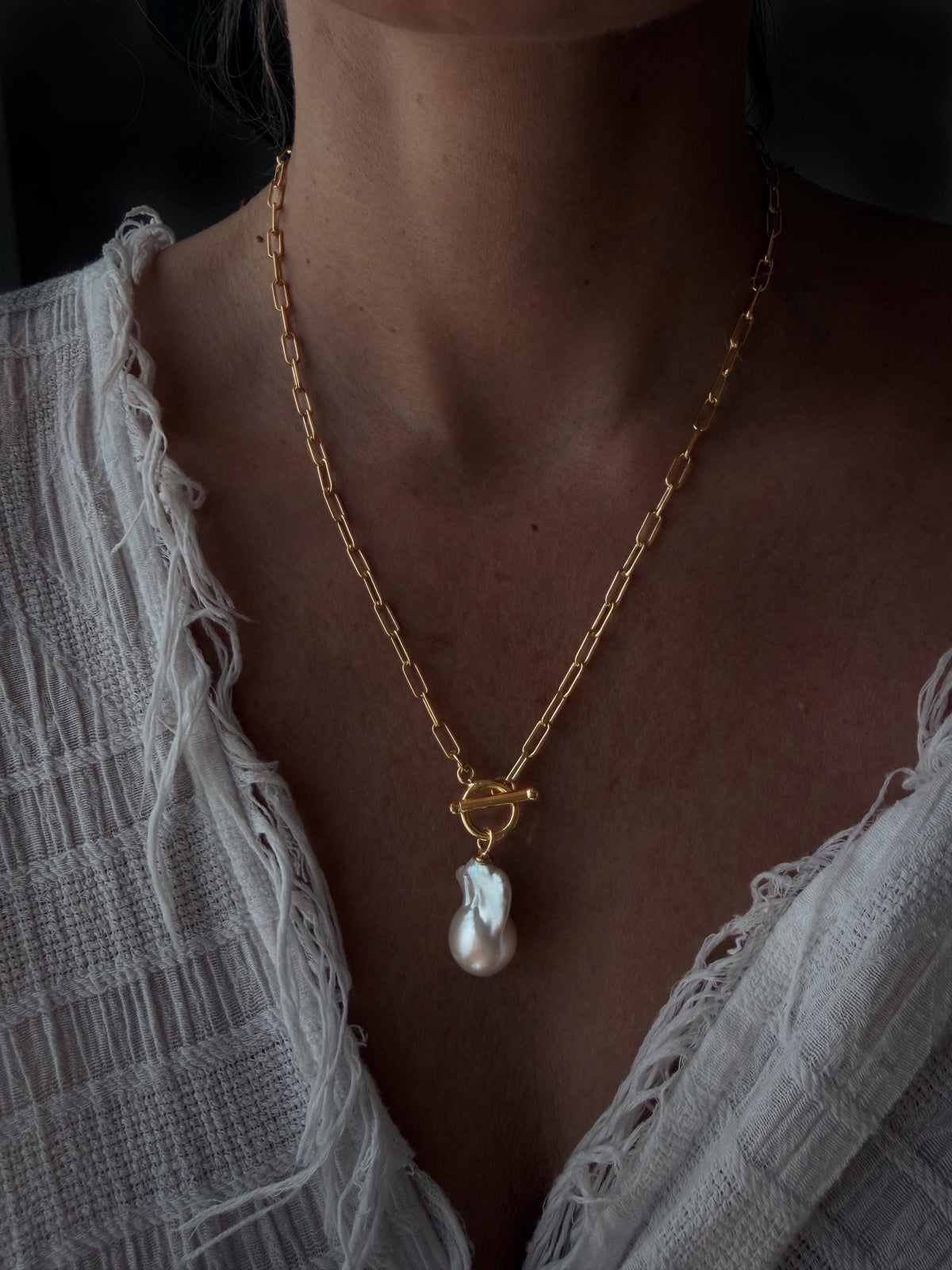 Baroque Pearl Necklace: Gold filled Sterling Silver Paperclip Chain, Toggle Clasp - KathyRossJewelry