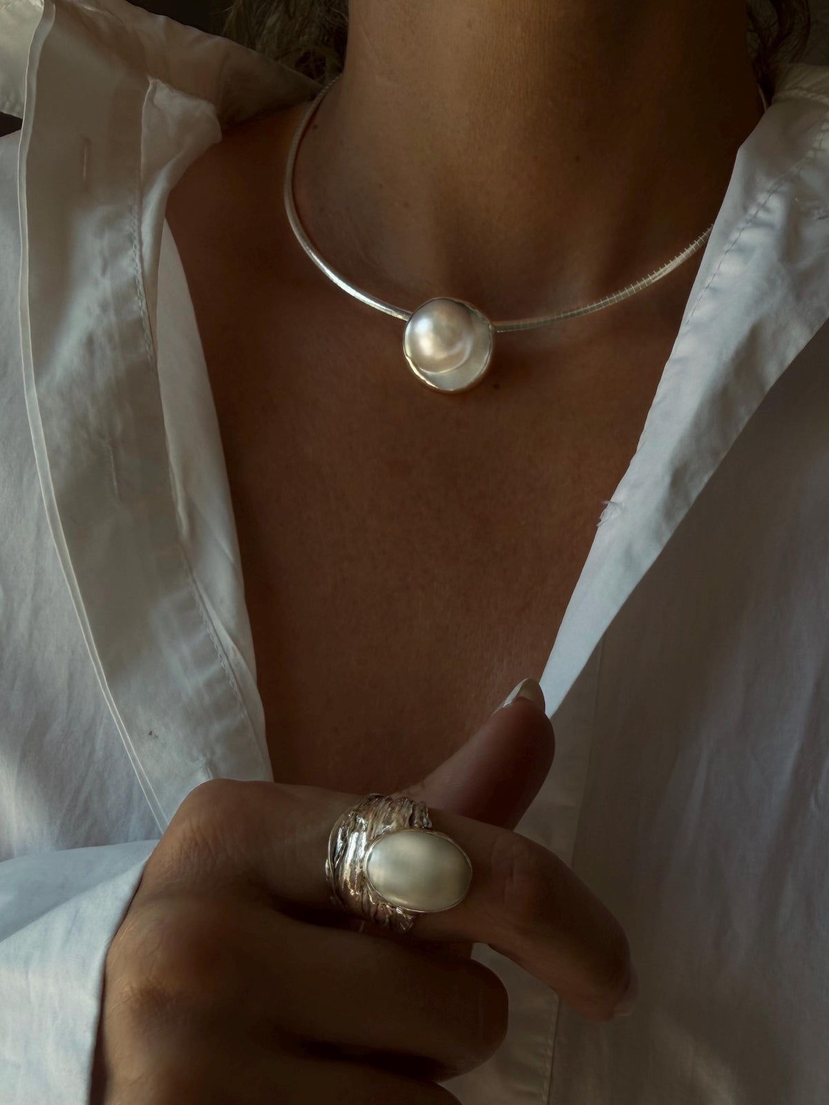 Natural Mabe white pearl and sterling silver collar necklace omega flexible chain - KathyRossJewelry