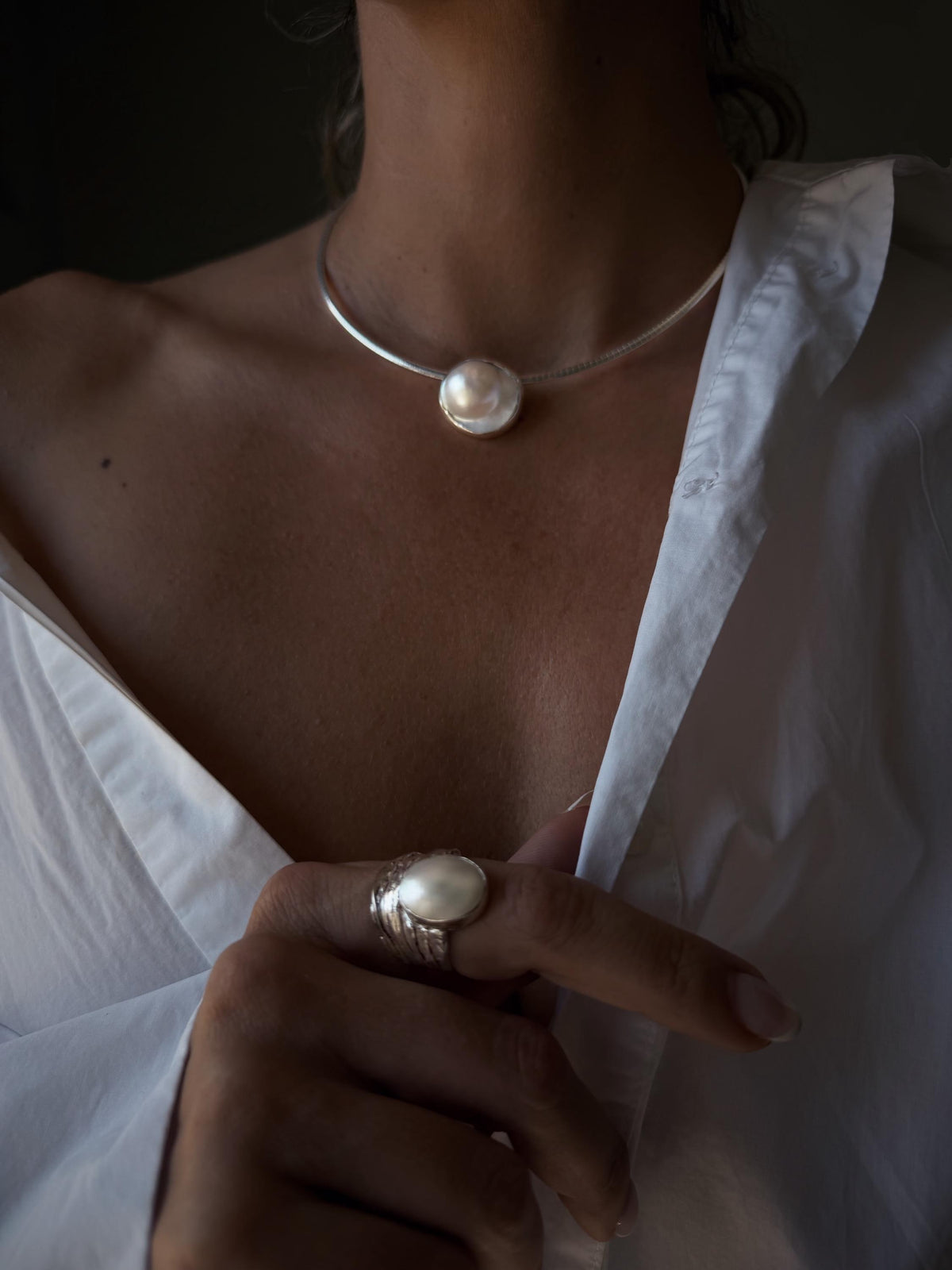 Natural Mabe white pearl and sterling silver collar necklace omega flexible chain - KathyRossJewelry