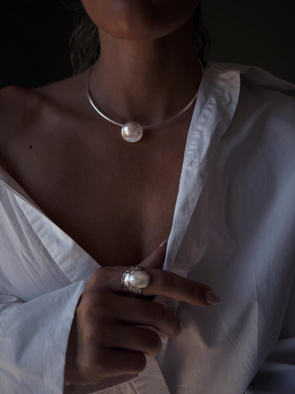 Natural Mabe white pearl and sterling silver collar necklace omega flexible chain - KathyRossJewelry