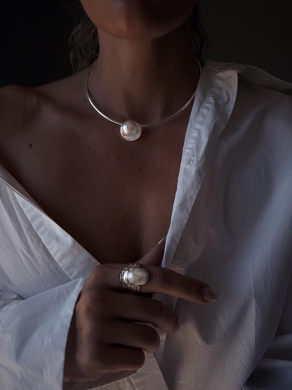 Natural Mabe white pearl and sterling silver collar necklace omega flexible chain - KathyRossJewelry