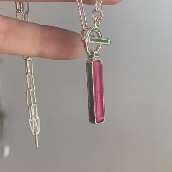 Pink tourmaline t bar chain necklace on paperclip chain