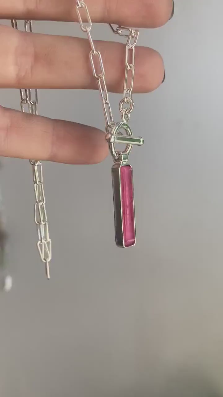 Pink tourmaline t bar chain necklace on paperclip chain