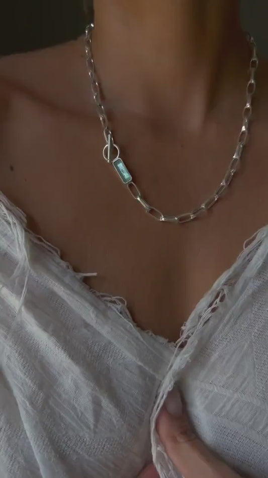Sterling Silver 925 necklace with aquamarine : T-Bar clasp paperclip Chain