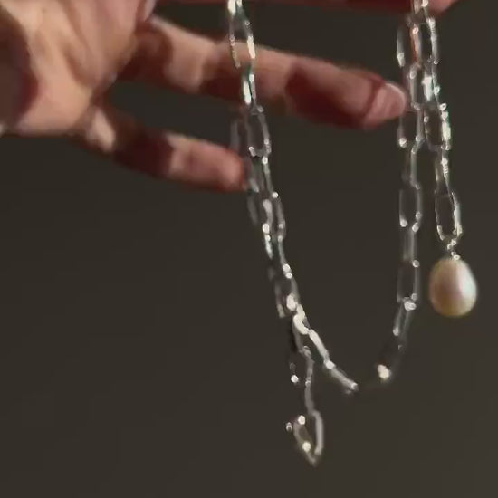 Silver paperclip lariat necklace chain with pearl: solid 925 natural white pearl