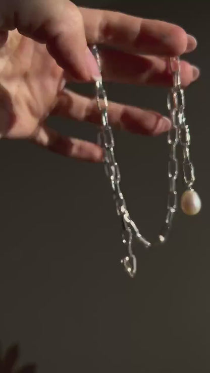 Silver paperclip lariat necklace chain with pearl: solid 925 natural white pearl