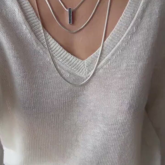 Silver Multi-Chain Necklace: Bar Pendant, Snake Chain, Precious gemstone