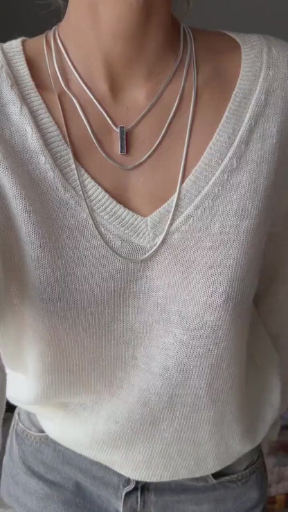 Silver Multi-Chain Necklace: Bar Pendant, Snake Chain, Precious gemstone