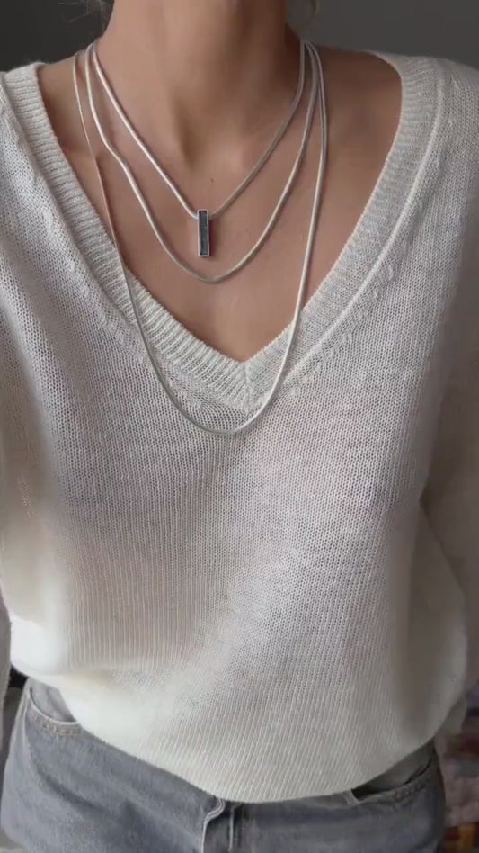Silver Multi-Chain Necklace: Bar Pendant, Snake Chain, Precious gemstone