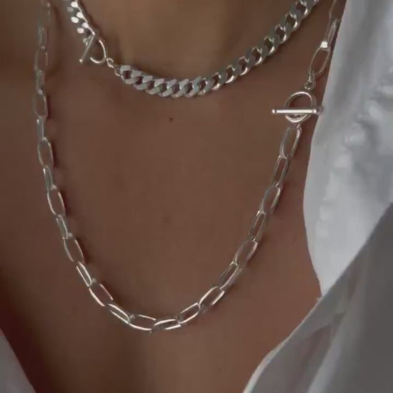 Solid Sterling Silver 925 Paperclip Chain Necklace: Toggle Clasp, Unisex Necklace