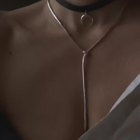 Sterling Silver Moon Choker: Black Velvet Ribbon Necklace