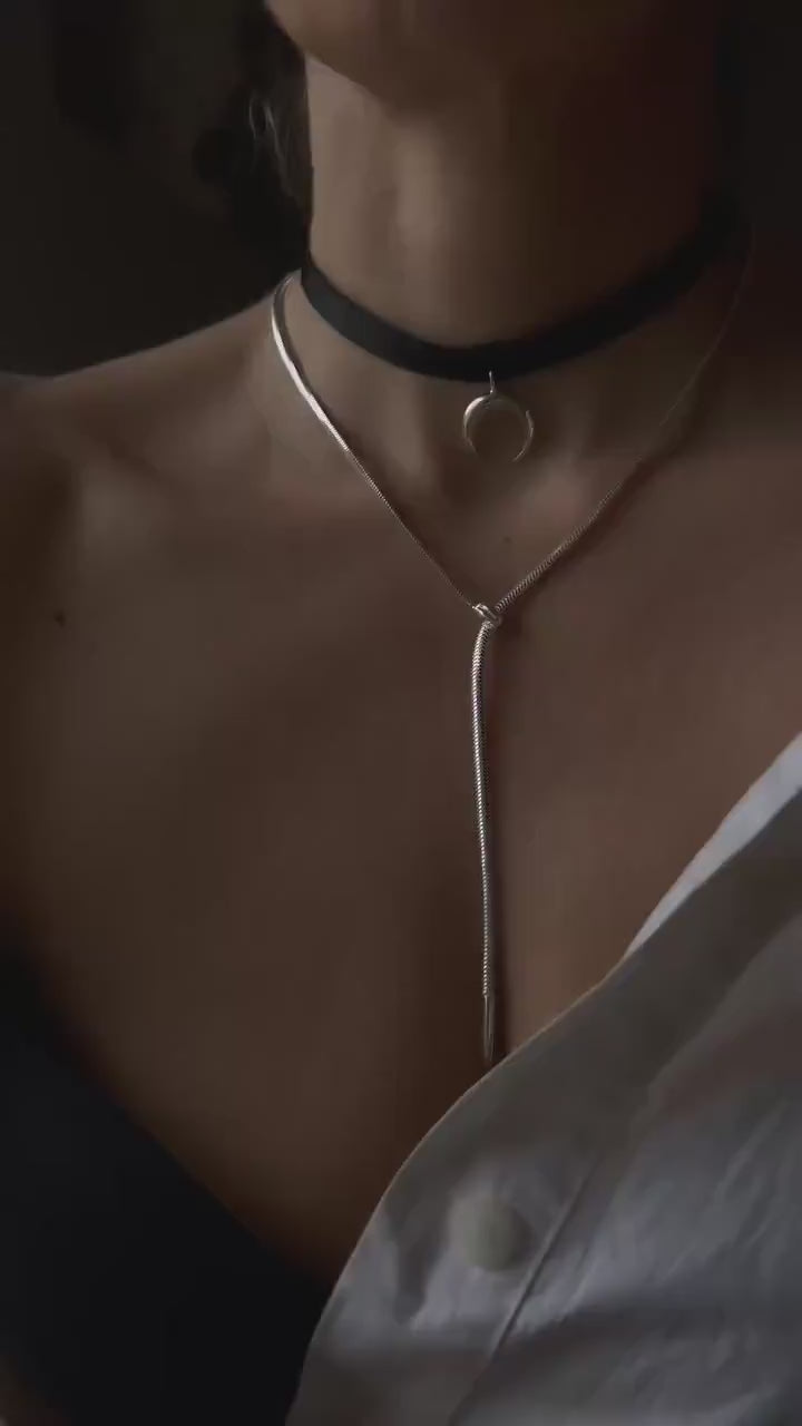 Sterling Silver Moon Choker: Black Velvet Ribbon Necklace