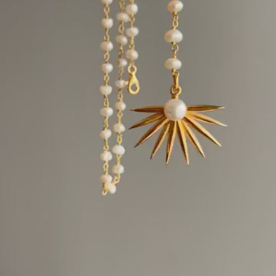 Lariat pearl rosary Necklace tropical leaf charm 18k golf filled on sterling silver 925