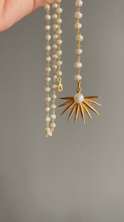 Lariat pearl rosary Necklace tropical leaf charm 18k golf filled on sterling silver 925