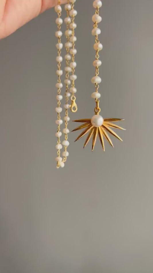 Lariat pearl rosary Necklace tropical leaf charm 18k golf filled on sterling silver 925