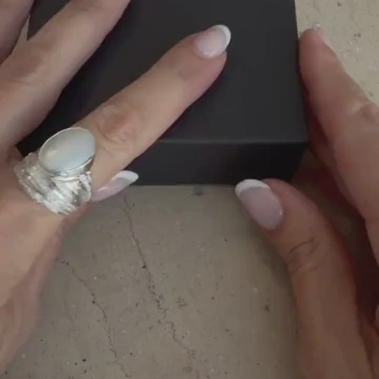 Silver band ring with oval white Mabe Pearl Ring