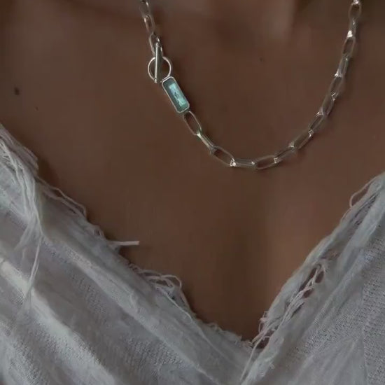 Sterling Silver 925 Paperclip Chain Necklace: Apatite Quartz Crystal T-Bar Clasp