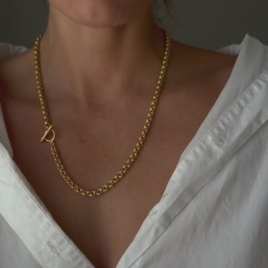 Thick bold rolo chain necklace : 18k gold filled sterling silver with t clasp