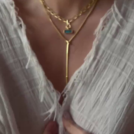 18k gold filled thick chain with rectangular charm necklace: solid sterling silver and aquamarine