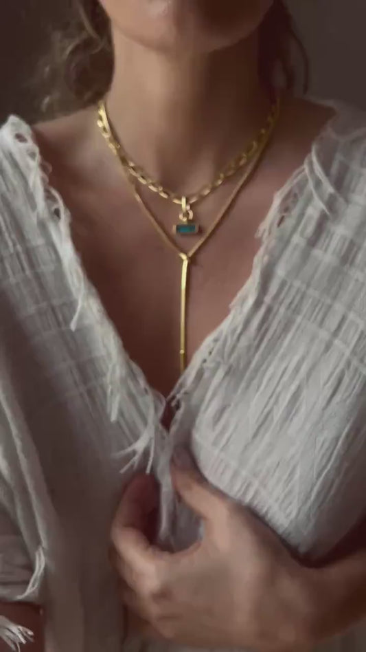 18k gold filled thick chain with rectangular charm necklace: solid sterling silver and aquamarine
